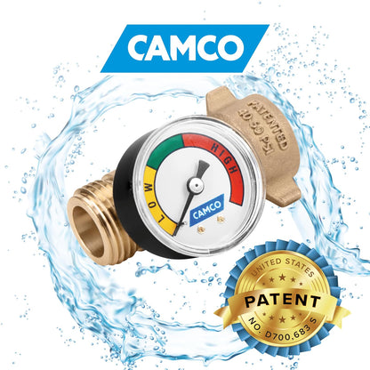 Camco Brass Water Pressure Regulator with Gauge- Helps Protect RV Plumbing and Hoses from High-Pressure City Water - Easy Read Gauge, Lead Free (40064)