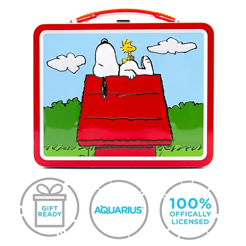 AQUARIUS Peanuts Snoopy Red Dog House Fun Box - Caja de almacenamiento de lata resistente con mango de plástico y cubierta frontal en relieve, producto oficial de Peanuts y regalo coleccionable
