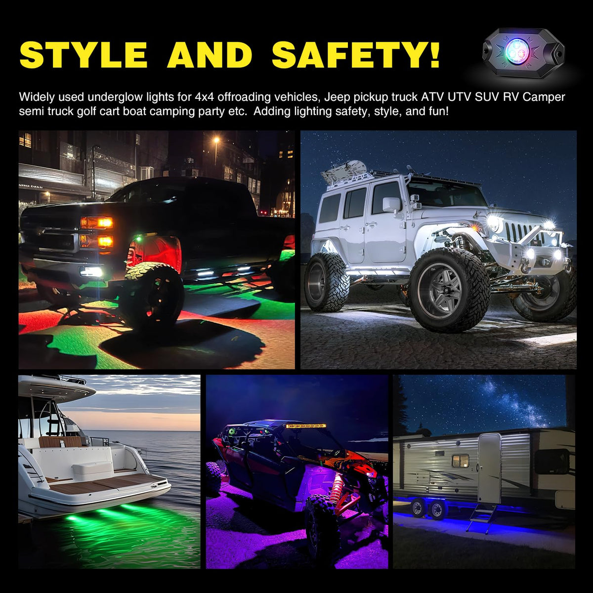 Nilight Kit de Luces LED RGB, 4 cápsulas de luz de neón Multicolor con Control de aplicación Bluetooth, Modo de música Intermitente, luz de Pozo para camión, ATV, UTV, RZR SUV