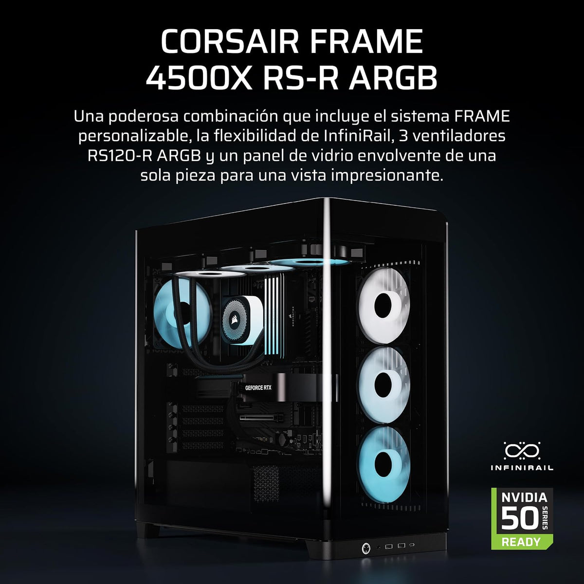 Corsair Frame 4500X RS-R ARGB Caja de PC Semitorre con Cristal Panorámico – Sistema de Montaje de InfiniRail, Capacidad para Dos radiadores de 360 mm, Incluye 3 Ventiladores RS120R – Negro