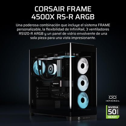 Corsair Frame 4500X RS-R ARGB Caja de PC Semitorre con Cristal Panorámico – Sistema de Montaje de InfiniRail, Capacidad para Dos radiadores de 360 mm, Incluye 3 Ventiladores RS120R – Negro