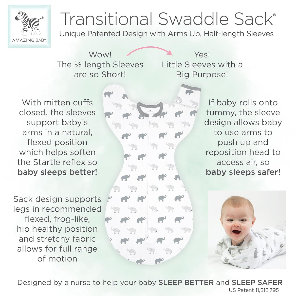 Amazing Baby Saco de Transición para Bebé Mangas Medias Pequeño 6-14 Libras