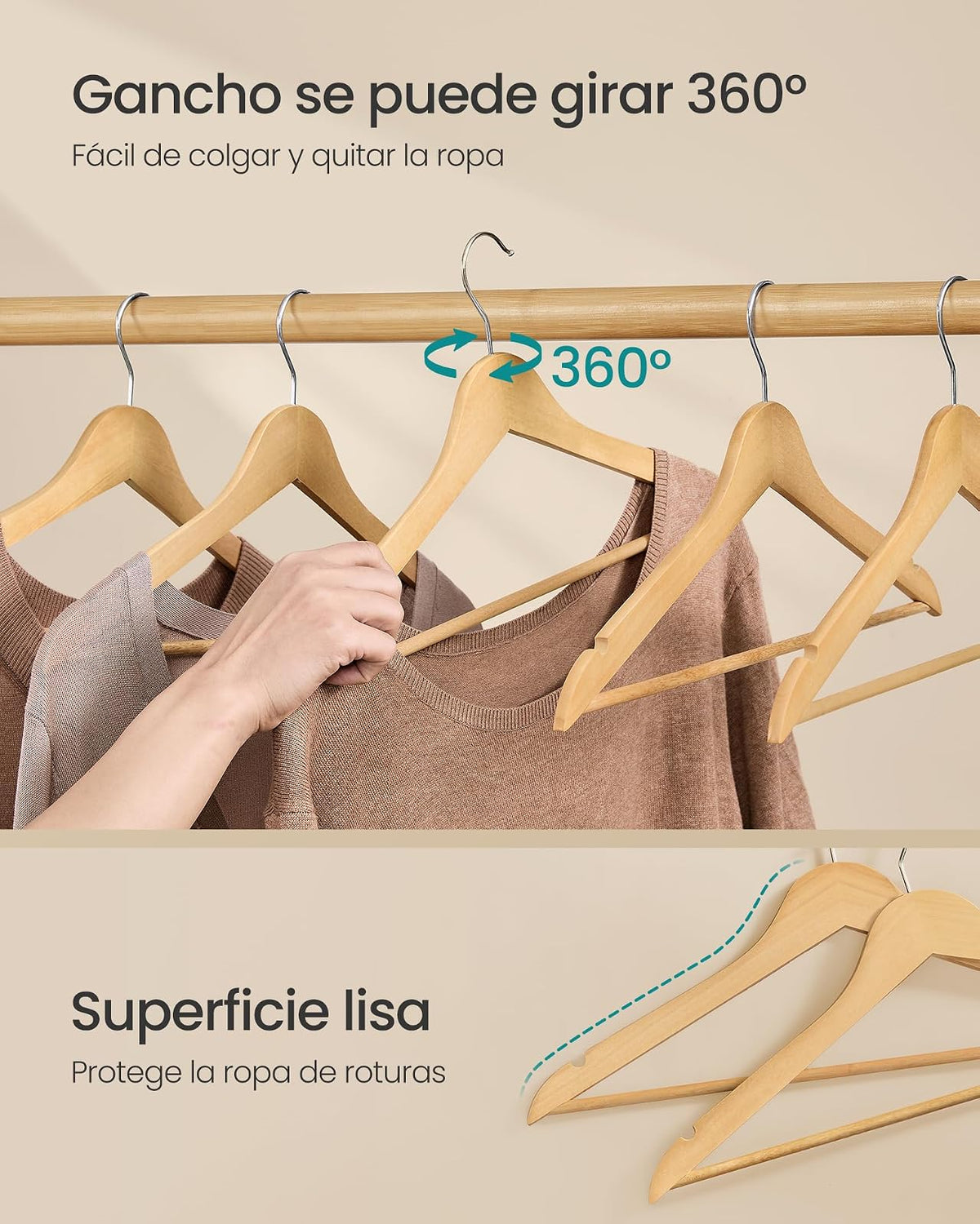 SONGMICS Perchas de Madera, Juego de 30, Delgada, Muescas en Hombros, para Pantalones, Gancho Giratorio 360°, Ahorra Espacio, Beige Natural MCRW030K01