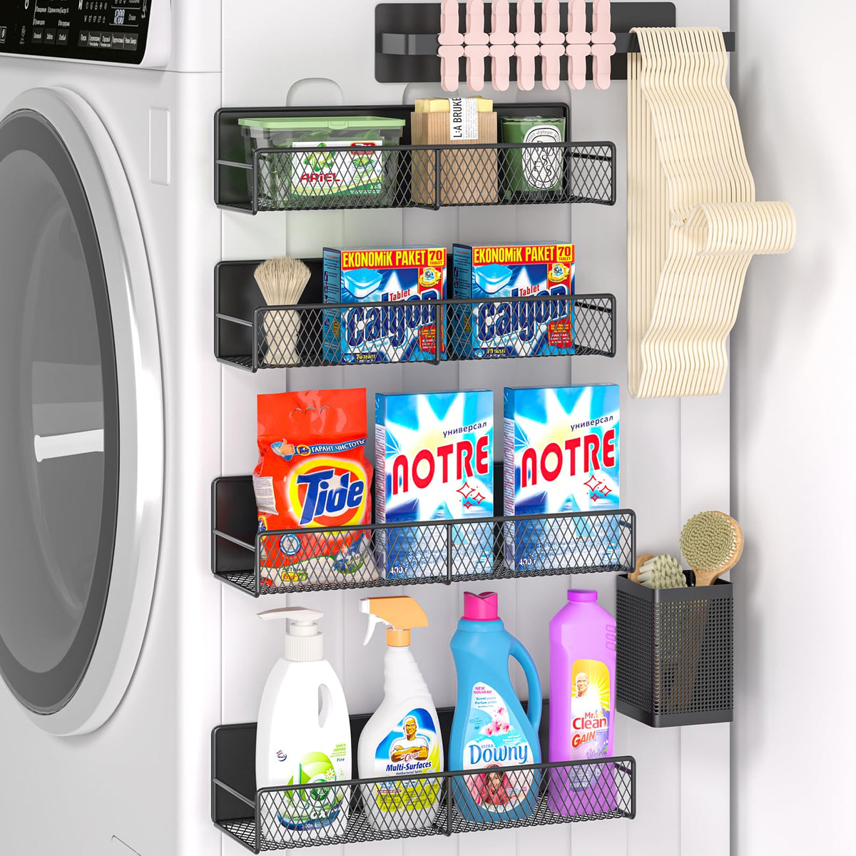 Estantes magnéticos para Lavadora, Paquete de 6, Organizador magnético de Metal Resistente, Color Negro con Organizador de Perchas, Soporte de Herramientas, Estante de Ahorro de Espacio para el hogar