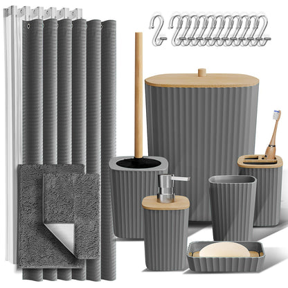Clara Clark - Juego de Accesorios de baño, Juego de 20 Piezas de Accesorios de baño, Juego de Cortina de Ducha, Cepillo para Polvo de Inodoro, Bote de Basura y dispensador de jabón - Complete Set + Bath Rugs - Gris