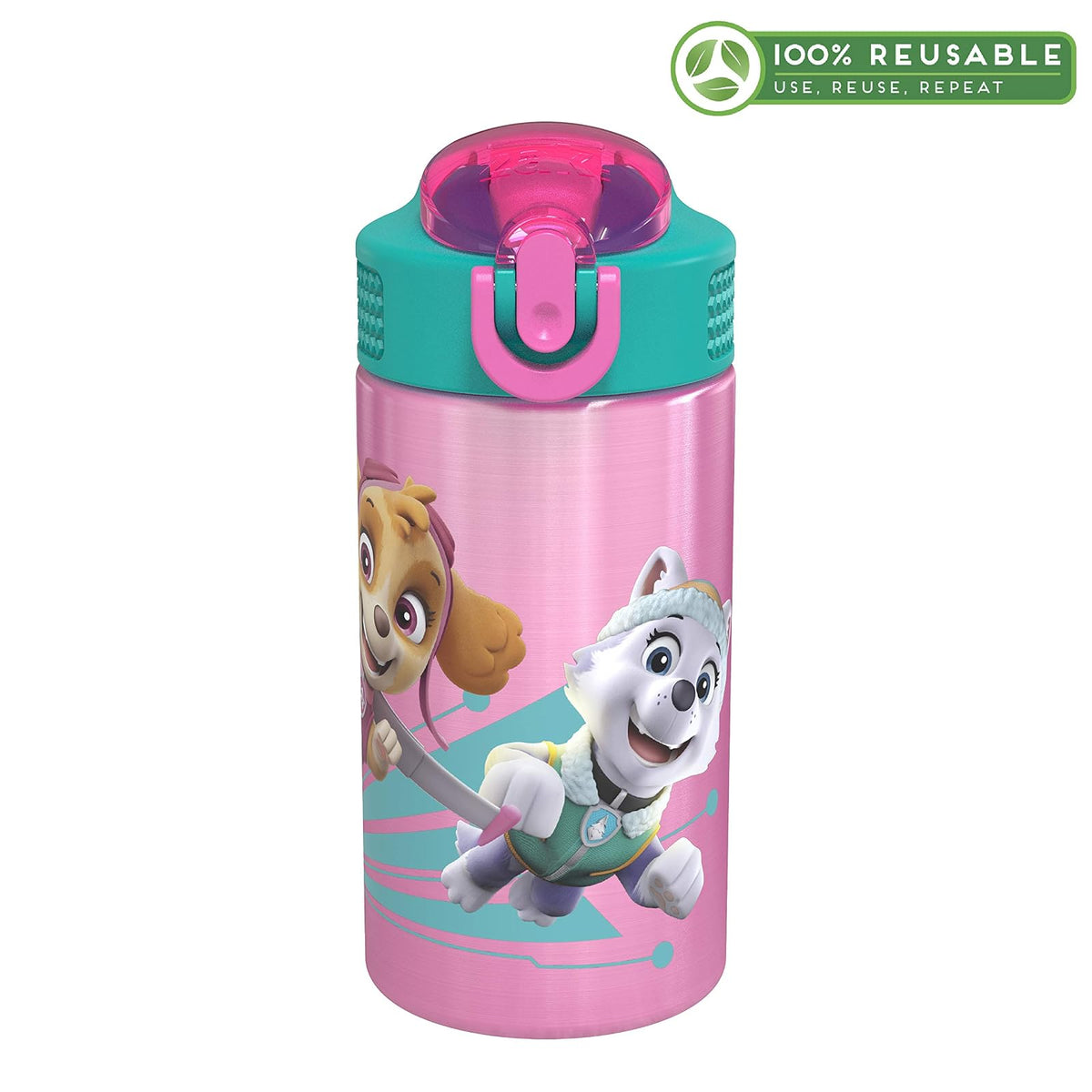 Zak Designs - Botella de agua para niños de acero inoxidable 18/8 de 15,5 oz con tapa abatible con cierre de popote, taza duradera para deportes o viajes, Paw Patrol Skye