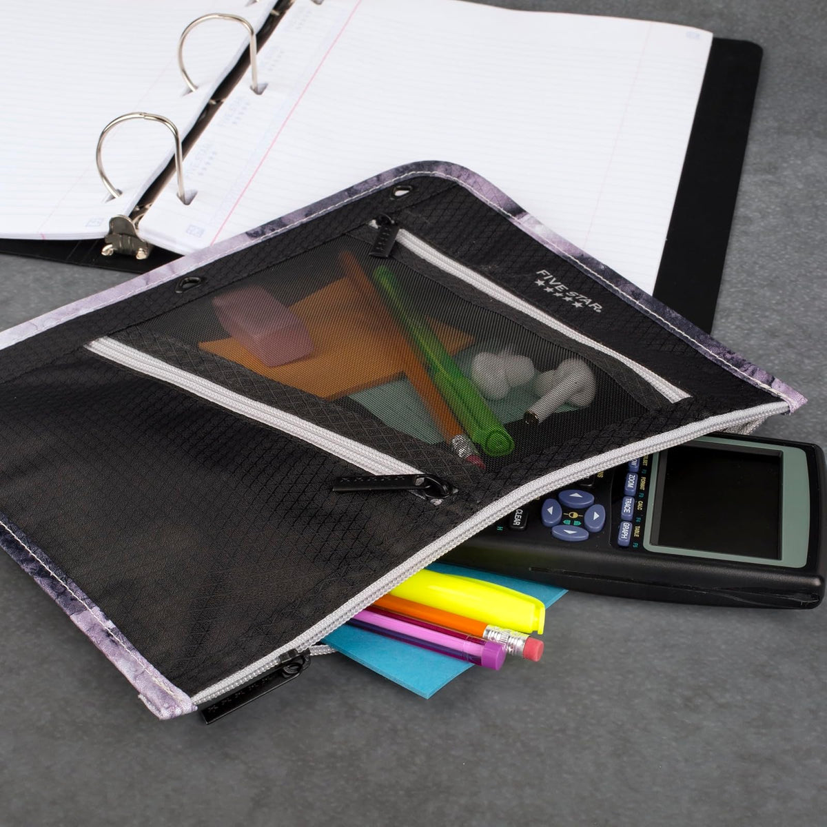 Five Star - Estuche para lápices, estuche para bolígrafos, bolsa con cierre de 3 bolsillos, se adapta a carpetas de 3 anillas, organizador de almacenamiento para suministros de aula, auriculares