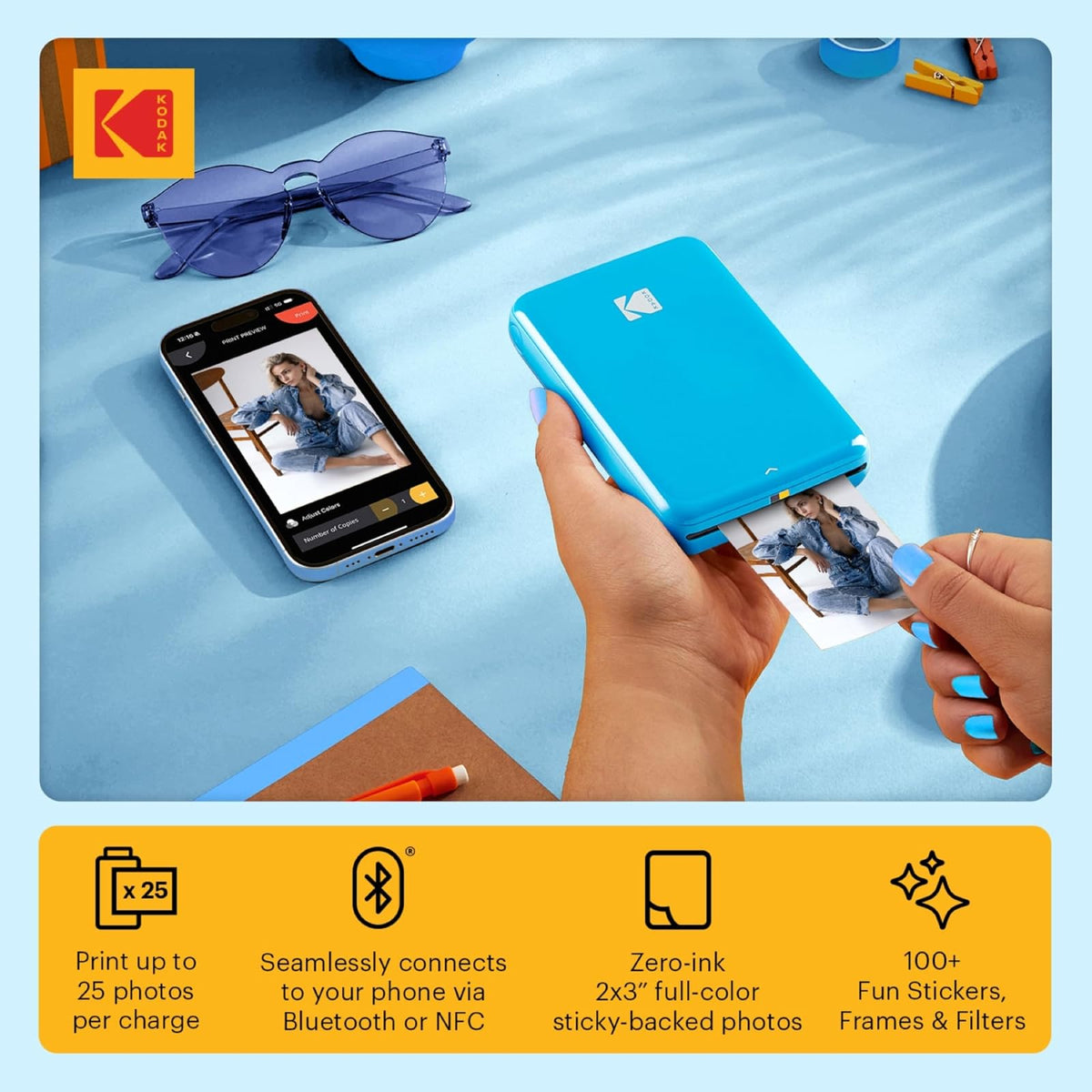 Kodak Step Instant Photo Printer with Bluetooth/NFC, Zink Technology & Kodak App for iOS & Android (Blue) Go Bundle