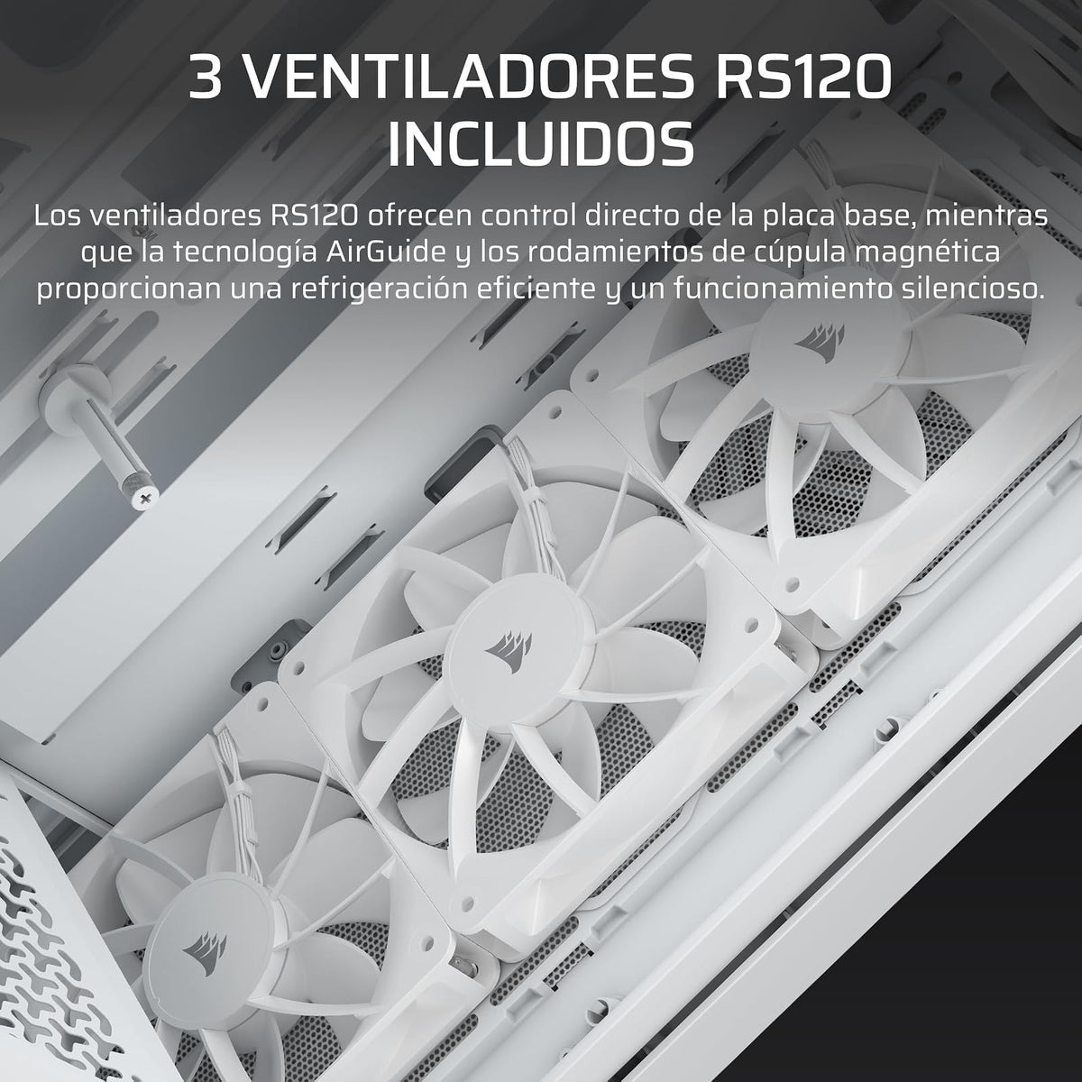 Corsair 3200D RS Caja para PC Semitorre – Blanco | 3 Ventiladores RS120 PWM Incluidos, Brazo Anticaída GPU, ASUS BTF, MSI Project Zero, Gigabyte Project Stealth