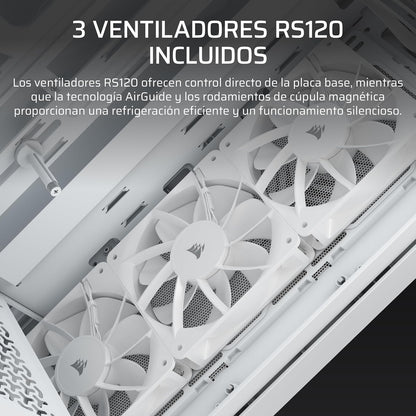 Corsair 3200D RS Caja para PC Semitorre – Blanco | 3 Ventiladores RS120 PWM Incluidos, Brazo Anticaída GPU, ASUS BTF, MSI Project Zero, Gigabyte Project Stealth