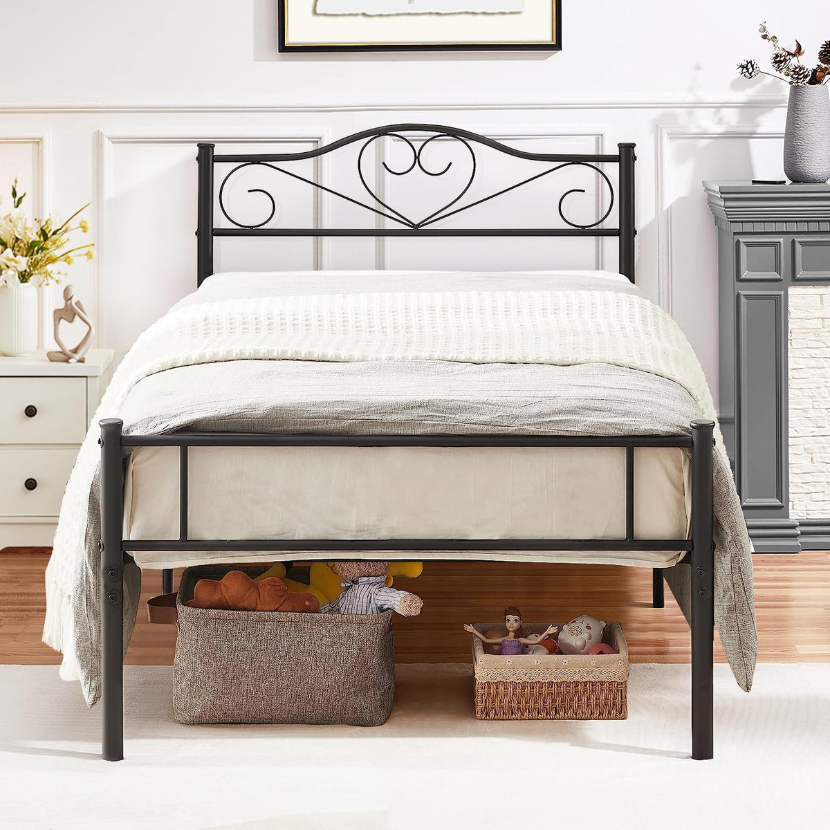 VECELO Base de Cama Individual con Plataforma de Metal, Cabecera y Estribo, Base de colchón de láminas de Acero, Color Negro