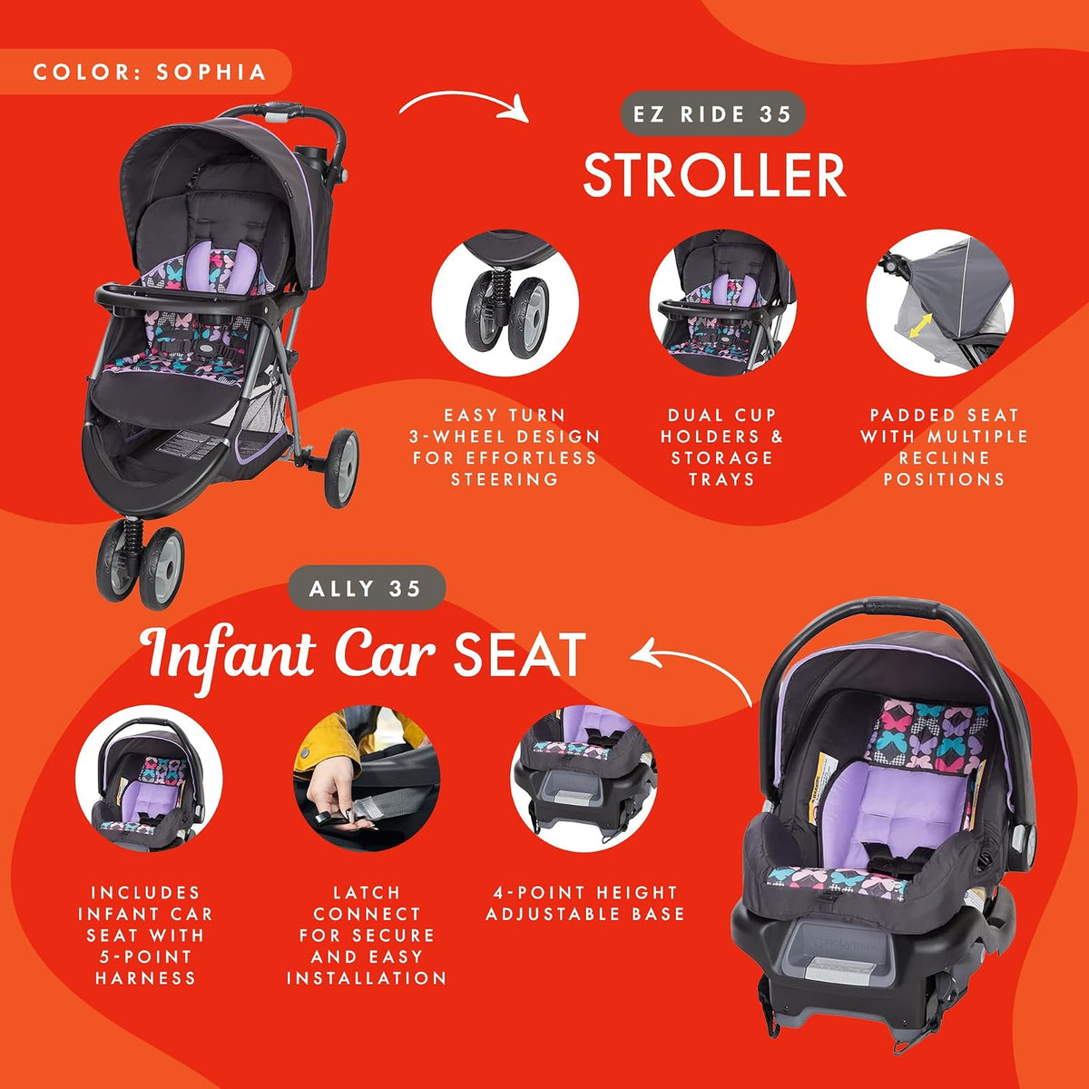 Baby Trend EZ Ride 35 Sistema de Viaje con Carriola y Asiento para Automóvil Infantil para Recién Nacidos de 1.8 a 15.9 kg, Asiento Reclinable Acolchado, Toldo Grande, Sophia