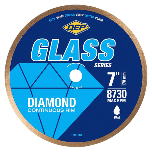 QEP 6-7007GL Hoja de diamante de vidrio de llanta continua de 7 pulgadas, altura de llanta de 7 mm, eje de 5/8 pulgadas, corte húmedo, 8730 RPM máximas