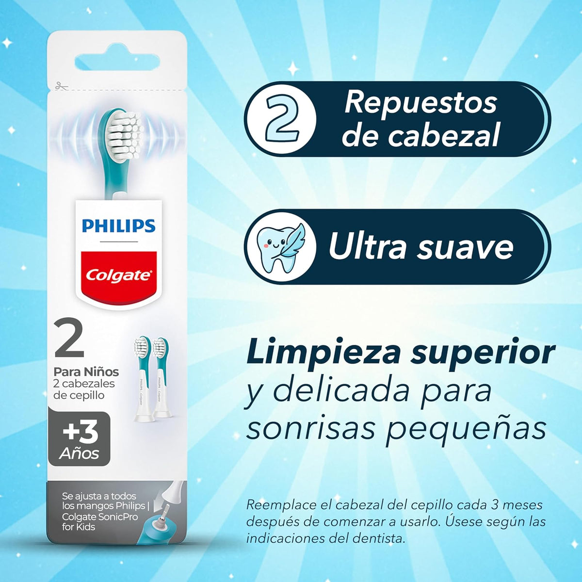 Philips Colgate Repuesto Cepillo de Dientes Eléctrico SonicPro Kids 2Piezas | Cabezal Compacto, Cerdas Ultra Suaves, para Niños de 3+ años