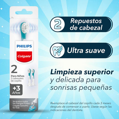 Philips Colgate Repuesto Cepillo de Dientes Eléctrico SonicPro Kids 2Piezas | Cabezal Compacto, Cerdas Ultra Suaves, para Niños de 3+ años