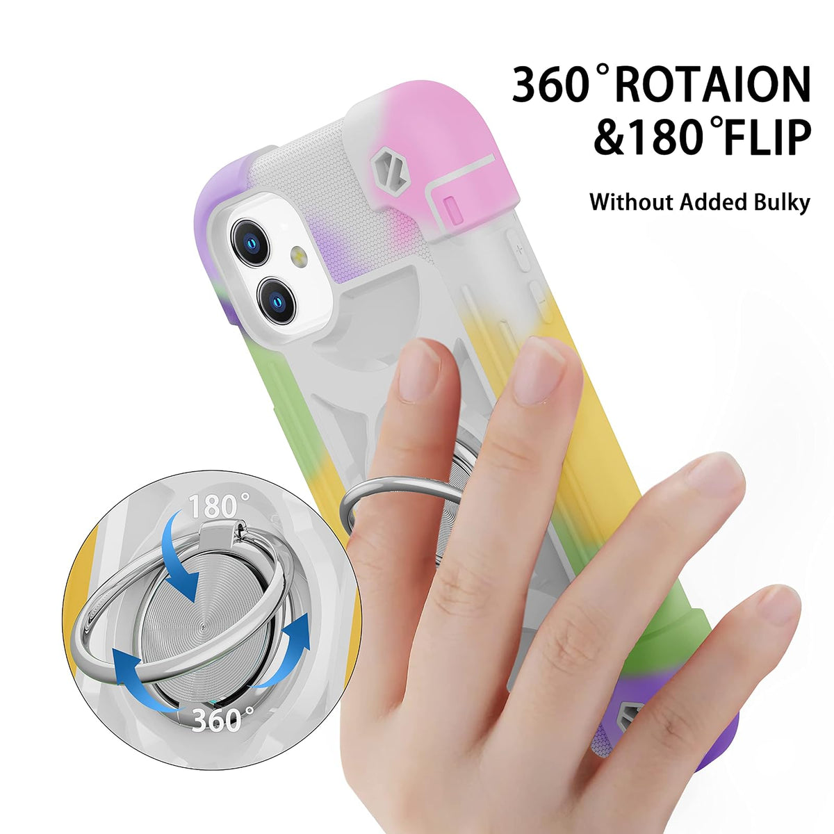 MARKILL Funda Compatible con iPhone 11 de 6.1 Pulgadas con Soporte de Anillo Giratorio de 360°, protección contra caídas de Grado Militar, Funda Protectora 3 en 1 (Blanco arcoíris) (116.1-1)
