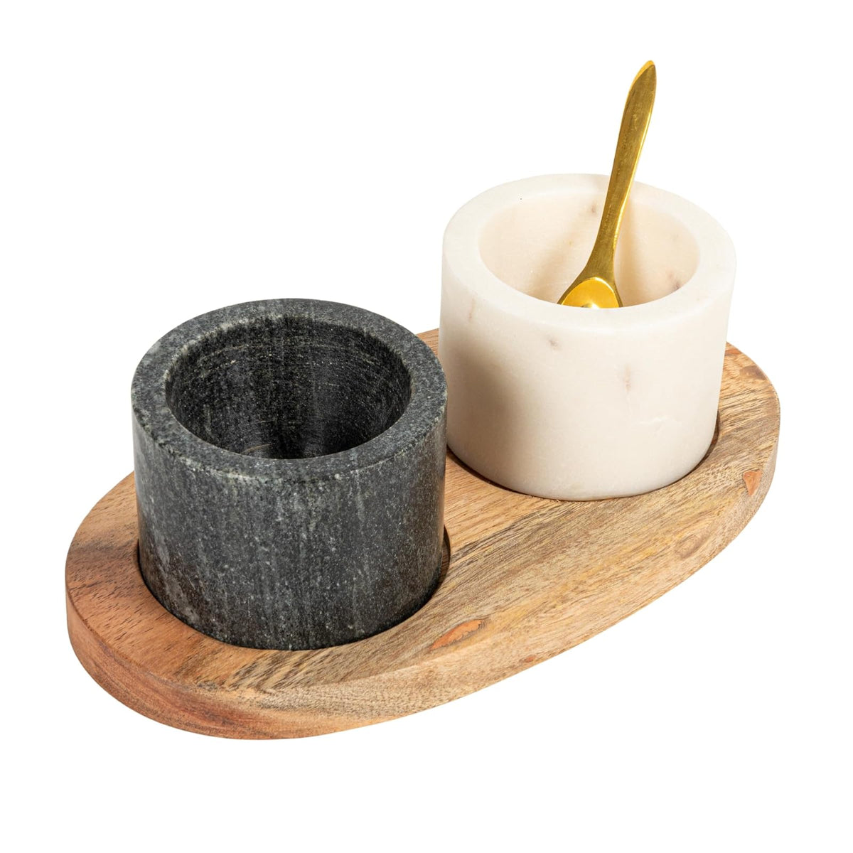 Creative Co-Op 2 cuencos de mármol sobre base de madera de mango con cuchara de sal