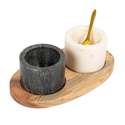 Creative Co-Op 2 cuencos de mármol sobre base de madera de mango con cuchara de sal