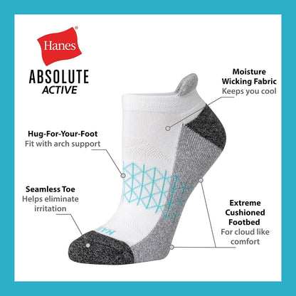 Hanes Cushioned No Show Tab Socks, Absolute Active No Show Socks for Women, 4-pairs Calcetines Mujer