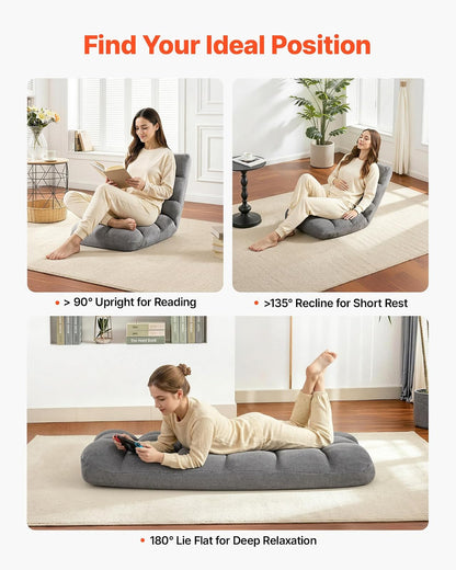 VEVOR Sillón de Suelo Relax, Sillón Reclinable con Respaldo Ajustable en 14 Posiciones, Acolchado de Espuma, Marco Metálico y Tapizado de Forro Polar Coral, para Lectura Descanso Juego, Color Gris