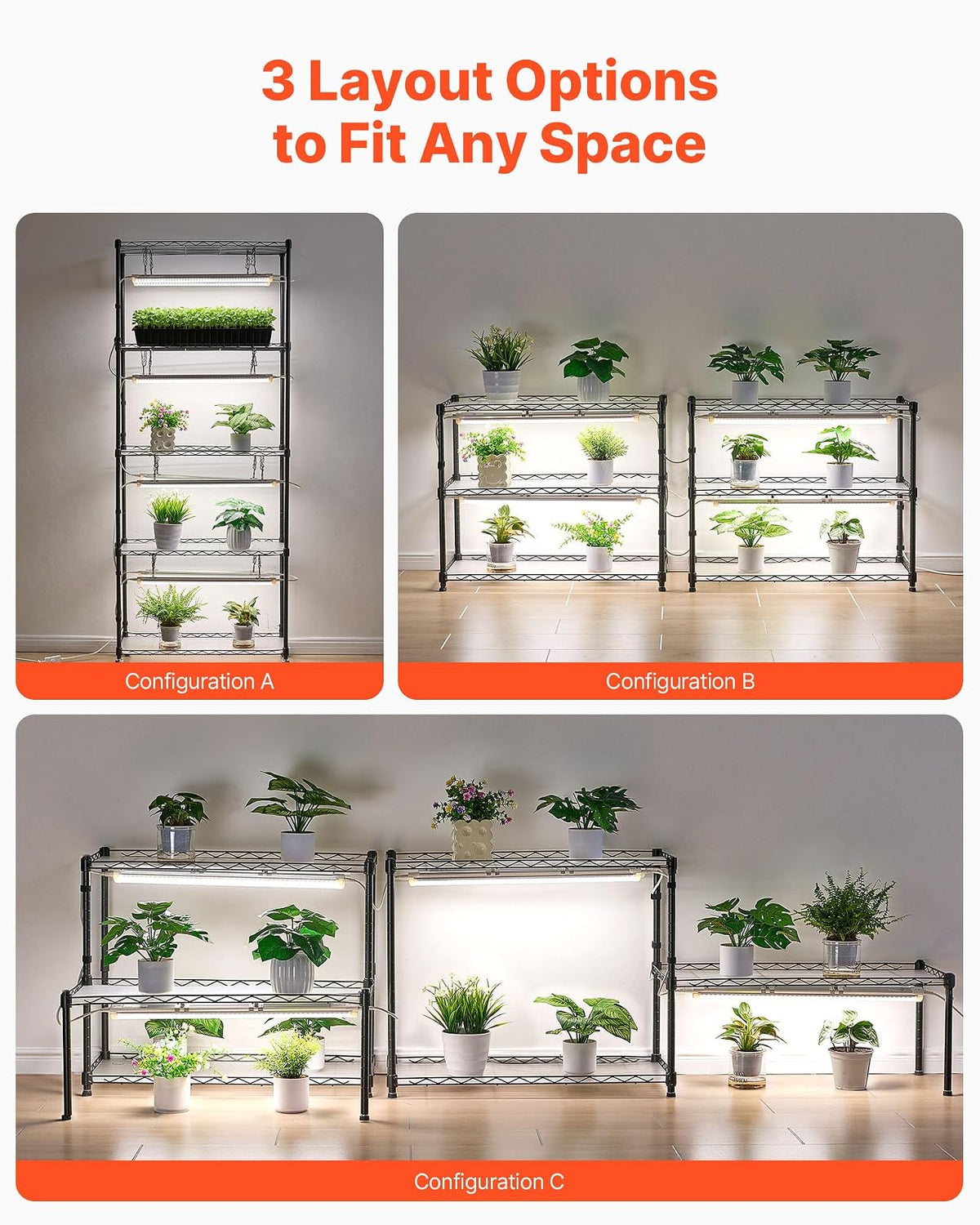 VEVOR Estante para plantas DIY con luces de cultivo, soporte para plantas de interior de 180 cm de alto con ruedas, luces de cultivo de espectro completo de 192 W y 5000 K, soporte para macetas