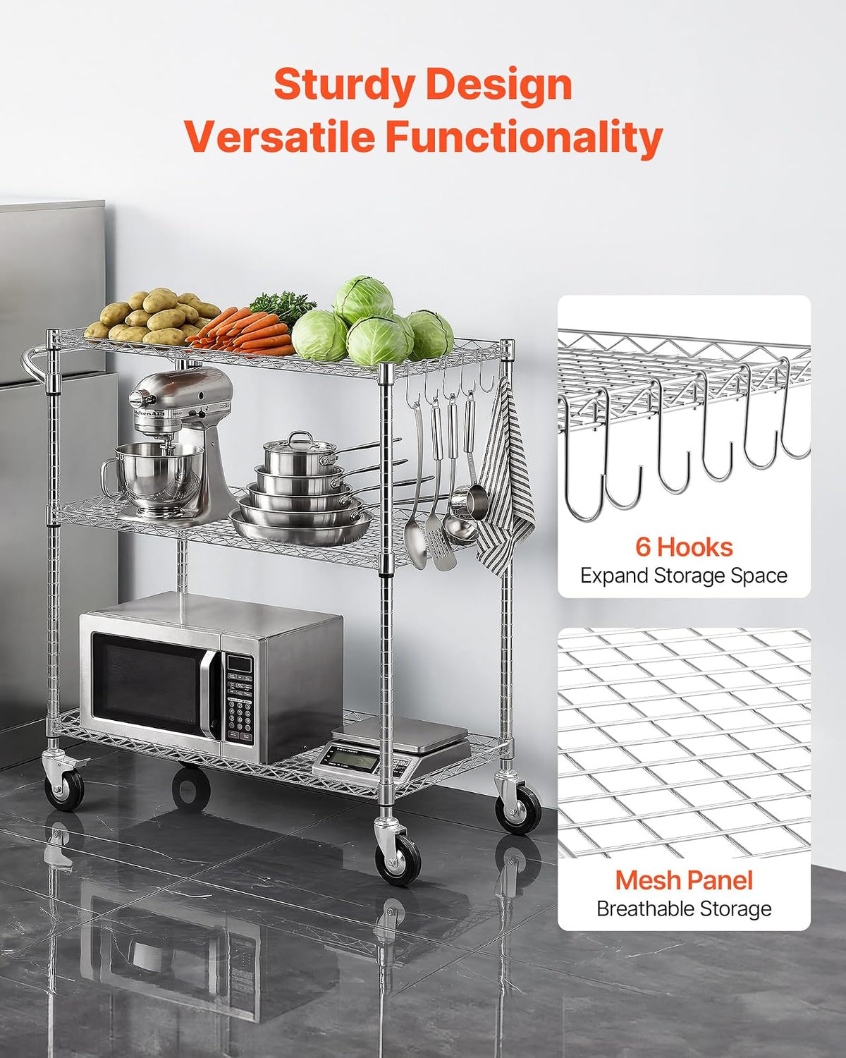 VEVOR Carrito de Cocina de 3 Niveles, Estante de Almacenaje de Alambre Ajustable, Carrito Auxiliar con Ruedas Giratorias y Asa, Carro de Servicio para Cocina, Garaje, Lavadero, 89 x 45,3 x 104 cm