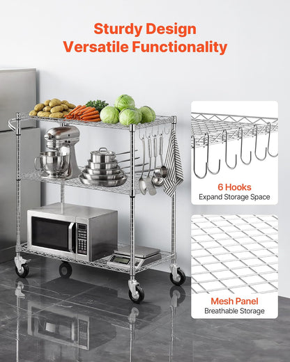 VEVOR Carrito de Cocina de 3 Niveles, Estante de Almacenaje de Alambre Ajustable, Carrito Auxiliar con Ruedas Giratorias y Asa, Carro de Servicio para Cocina, Garaje, Lavadero, 89 x 45,3 x 104 cm