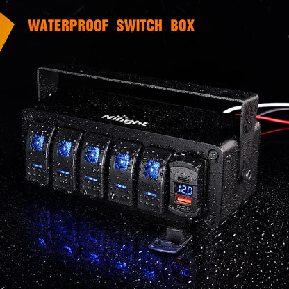 Nilight 90314B-F Caja de 5 Interruptores Basculantes SPST 12 V con Puerto USB Tipo C, QC 3.0 y Voltímetro, Impermeable, para Auto y Camión