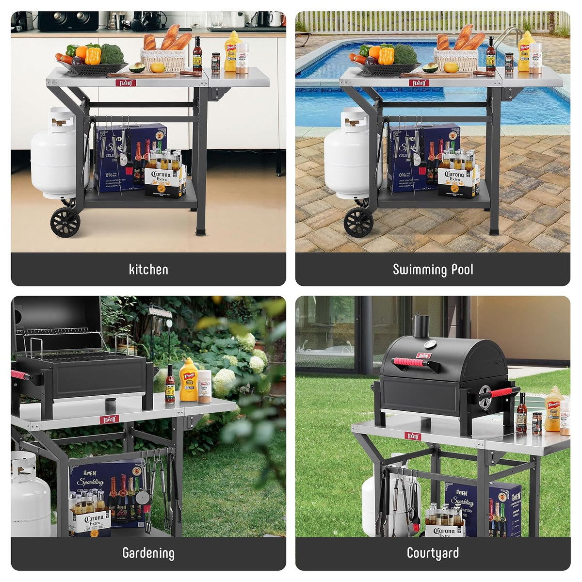 Feasto Mesa de Parrilla para Exteriores, Mesa de Horno de Pizza móvil de 40 x 20 Pulgadas con Ruedas, Carrito de Parrilla de Acero Inoxidable con Estante de Almacenamiento y extensión Plegable, 6