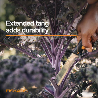 Fiskars - Cuchillo de cosecha con borde dentado, herramienta de mano de jardinería con hoja de punta plana y vaina, perfecto para tallos gruesos y tallos