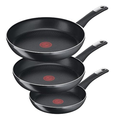 T-fal Juego de 3 Sartenes de 20, 24 y 30 cm Hard Titanium Plus con antiadherente titanium 2X, altamente resistente con Termo Señal y difussion base, mango ergonómico y muy compatible, negro, C3829082