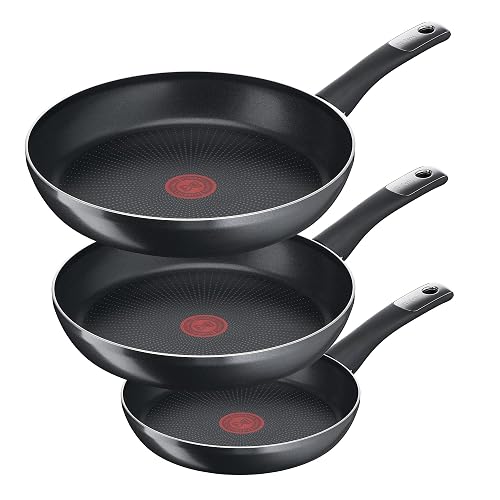 T-fal Juego de 3 Sartenes de 20, 24 y 30 cm Hard Titanium Plus con antiadherente titanium 2X, altamente resistente con Termo Señal y difussion base, mango ergonómico y muy compatible, negro, C3829082