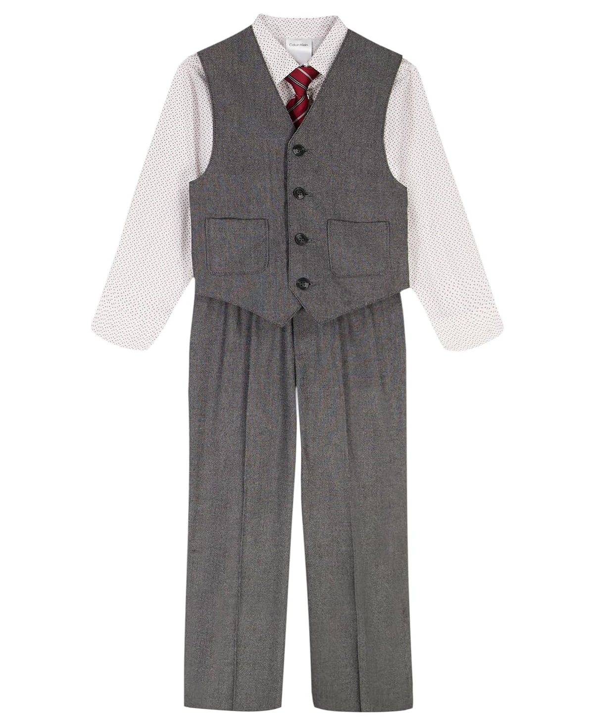 Calvin Klein - Conjunto de Traje Formal de 4 Piezas para niño, Chaleco, Pantalones, Camisa de Vestir con Cuello y Corbata