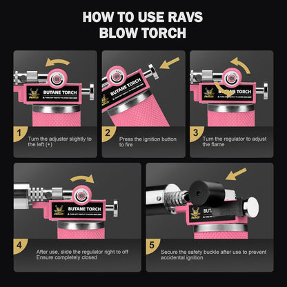 RAVS - Antorcha de butano, antorcha de cocina para crema Brulee con llama ajustable, antorcha de cocina para hornear, barbacoa, postres, mini antorcha de metal con hebilla de seguridad, rosa (butano