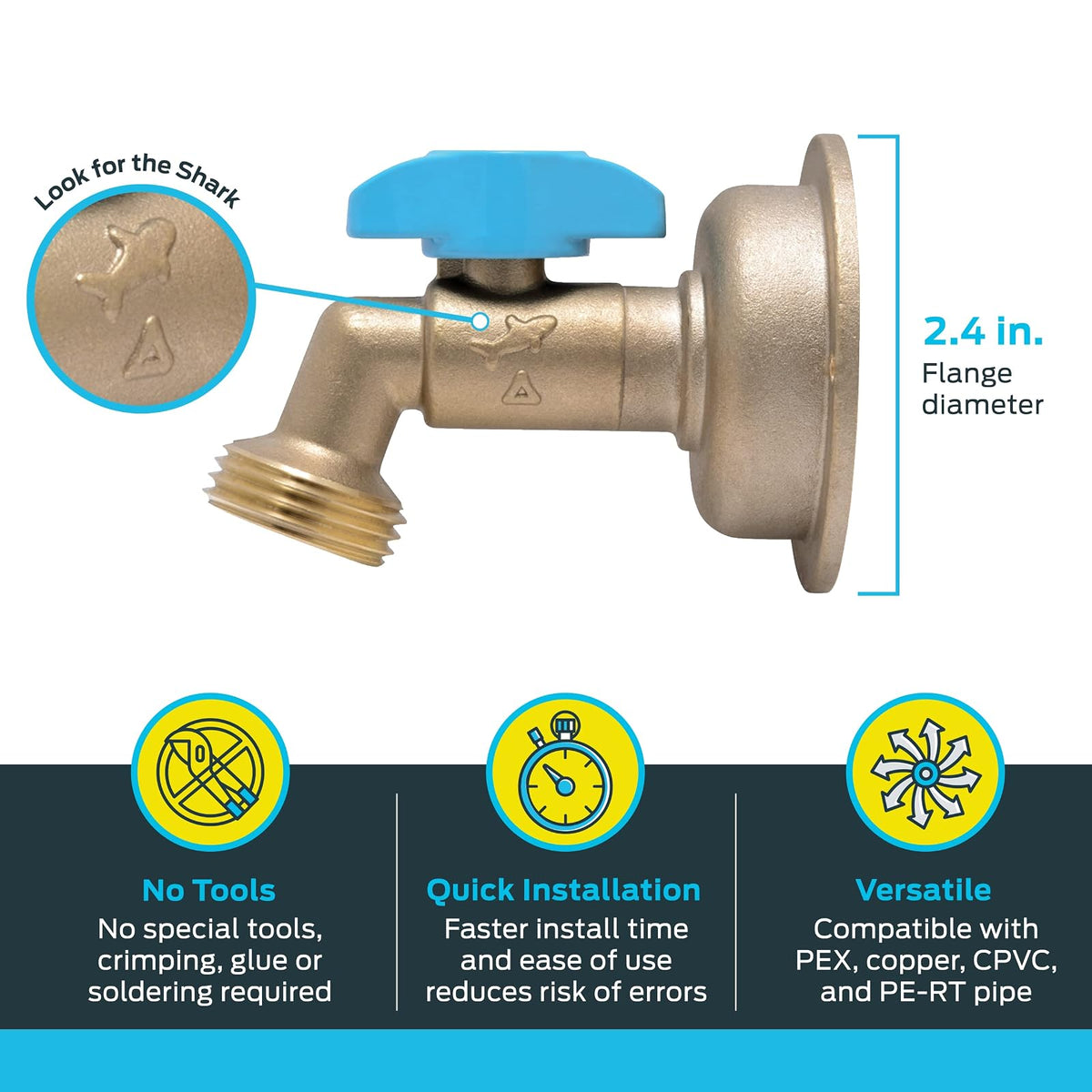 SharkBite Babero de manguera MHT de 90 grados de 1/2 x 3/4 pulgadas, cuarto de vuelta, empuje para conectar el accesorio de fontanería de latón, tubo PEX, cobre, CPVC, PE-RT, HDPE, 24620LF