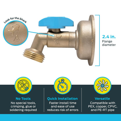 SharkBite Babero de manguera MHT de 90 grados de 1/2 x 3/4 pulgadas, cuarto de vuelta, empuje para conectar el accesorio de fontanería de latón, tubo PEX, cobre, CPVC, PE-RT, HDPE, 24620LF