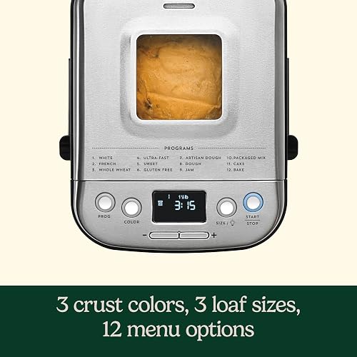 Cuisinart CBK-110WS Maquina de Pan Compacta | Cuerpo acero inoxidable, Pantalla LCD con controles táctiles, 3 tamaños pan, 12 programas de preparación, Recetario