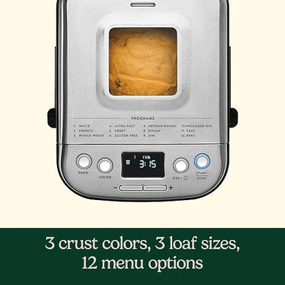 Cuisinart CBK-110WS Maquina de Pan Compacta | Cuerpo acero inoxidable, Pantalla LCD con controles táctiles, 3 tamaños pan, 12 programas de preparación, Recetario