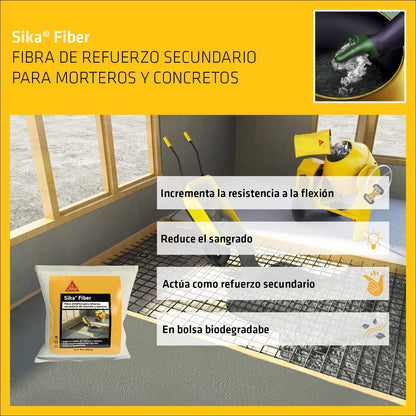 Sika - Fibra sintética Sika Fiber - Para refuerzo secundario de concretos y morteros - Reduce el agrietamiento y mejora la cohesión del concreto - Fácil de aplicar - Bolsa biodegradable de 600 gr