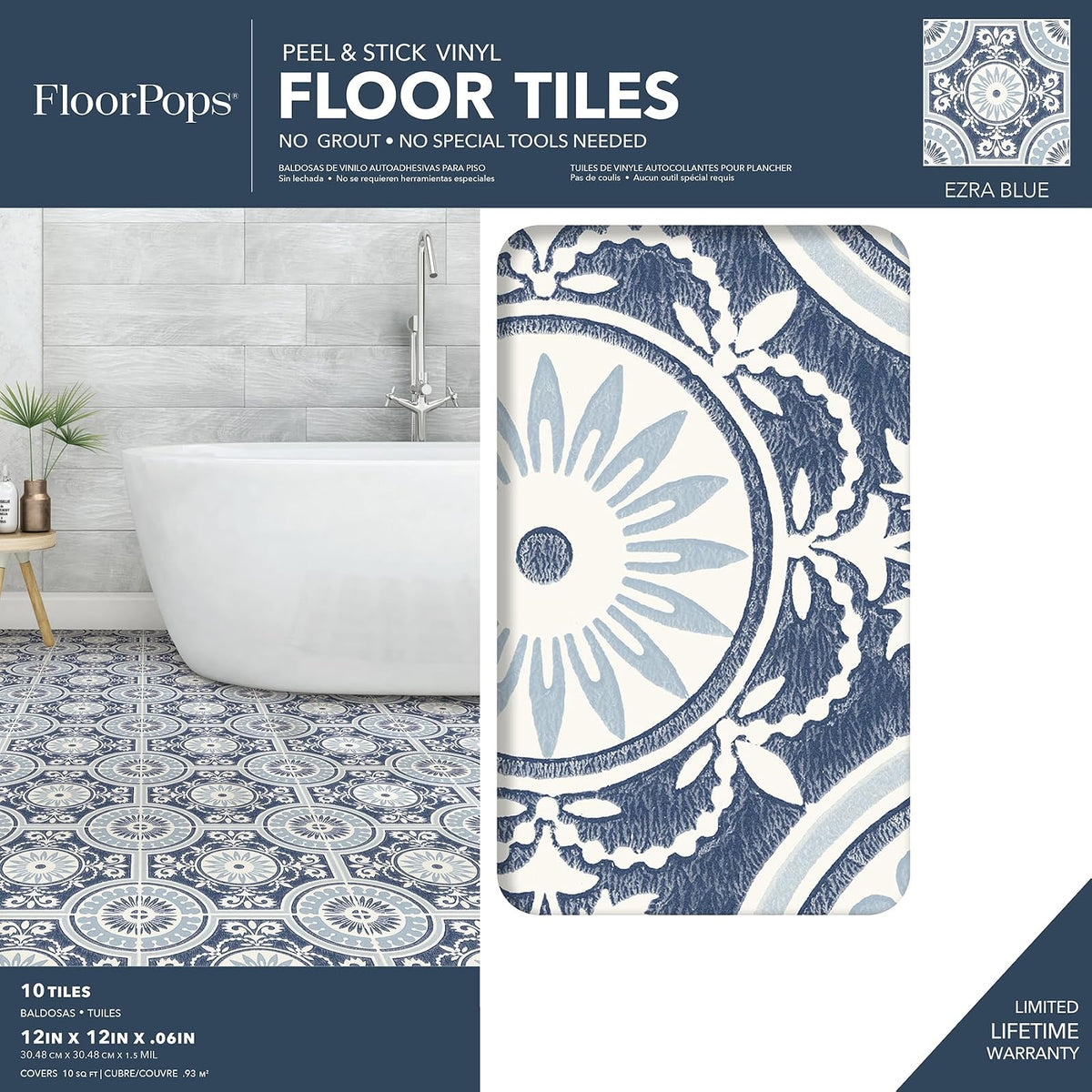 FloorPops Azulejos de Vinilo Ezra | Azul, 12 x 12 pulgadas, 10 azulejos, 10 pies cuadrados