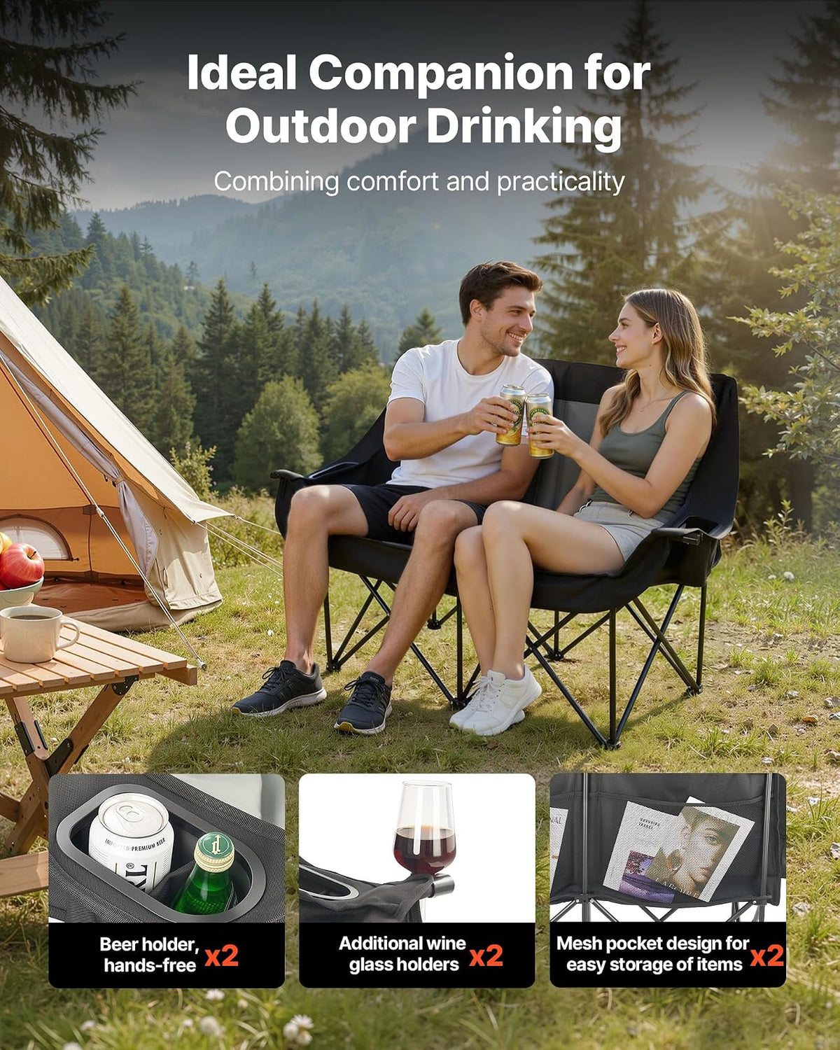 VEVOR Silla de Camping Plegable Doble, Capacidad Máxima de 300 kg con Respaldo Acolchado, Silla de Pesca de Tela Oxford 600D Portátil con Portavasos y Bolsillos para Exteriores Playa Jardín 2 Personas