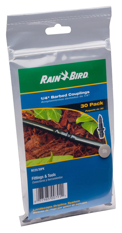 Rain Bird BC25-30PS Drip Irrigation Universal 1/4" Barbed Coupling Fitting, Fits All Sizes of 1/4" Drip Tubing, 30-Pack