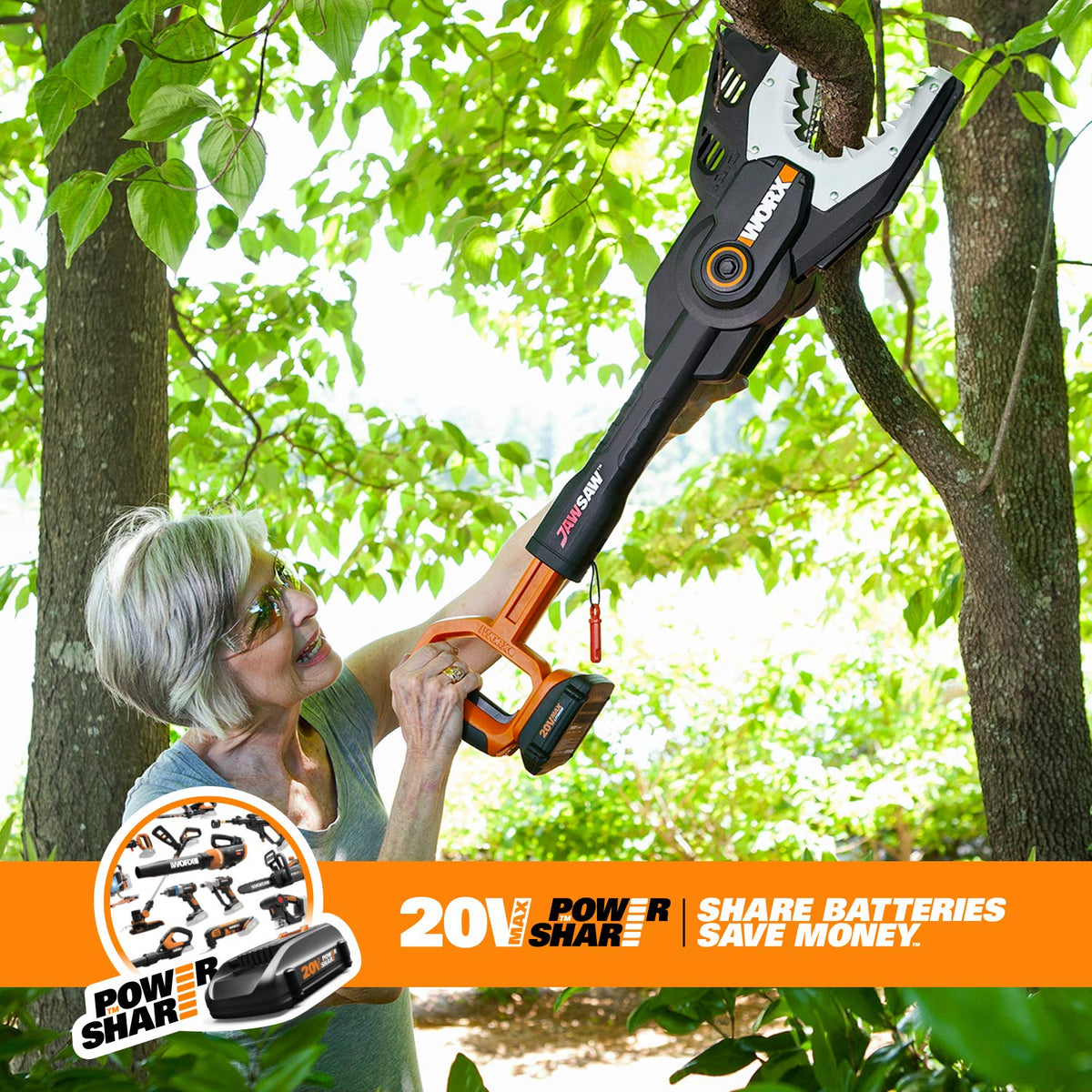 Worx JawSaw - Compartir de alimentación de motosierra inalámbrica de 20 V - WG320 (batería y cargador incluidos)