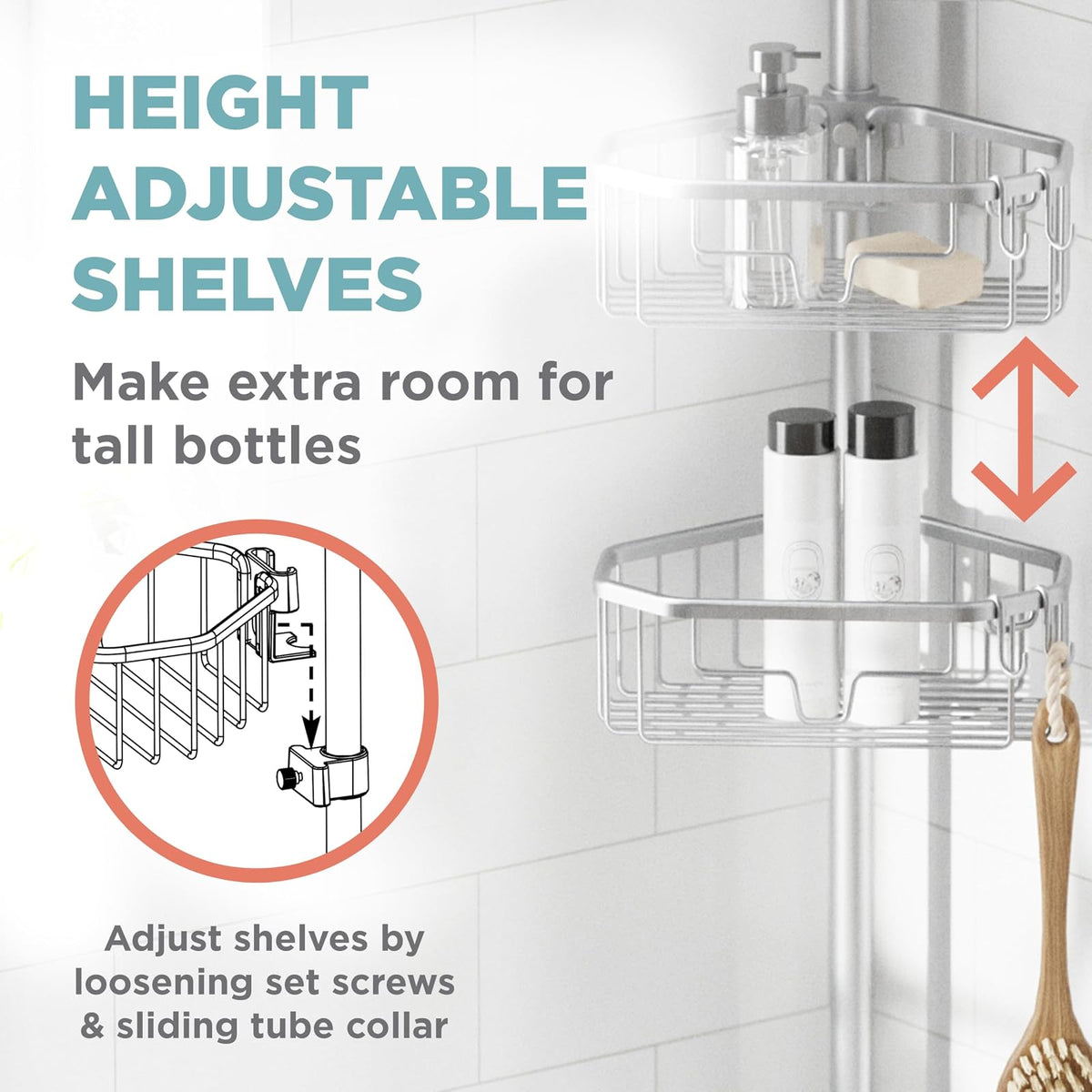 Zenna Home - Organizador de esquina para ducha con poste de tensión, organizador ajustable para ducha de pie con 4 estantes, organizador de barra de tensión de baño, de 60 a 108 pulgadas, cromo