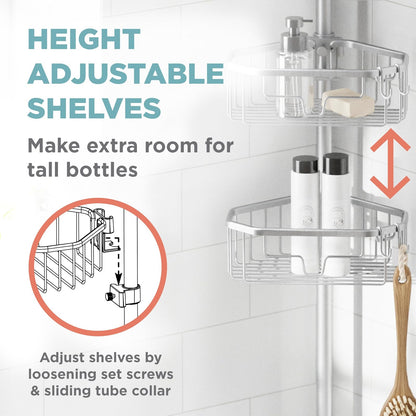 Zenna Home - Organizador de esquina para ducha con poste de tensión, organizador ajustable para ducha de pie con 4 estantes, organizador de barra de tensión de baño, de 60 a 108 pulgadas, cromo