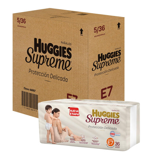 Pañal Huggies Supreme Etapa 7, Caja con 180 piezas, para bebés de 16 kg en adelante. Único clinica y dermatologicamente probado