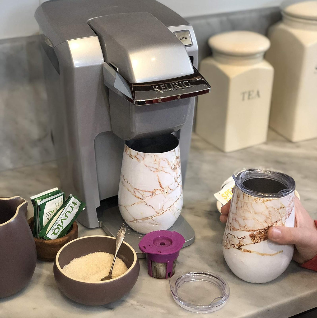 Vaso de vino de mármol con tapa, 12 onzas, blanco, cobre, juego de 2