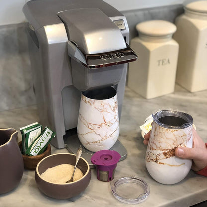 Vaso de vino de mármol con tapa, 12 onzas, blanco, cobre, juego de 2