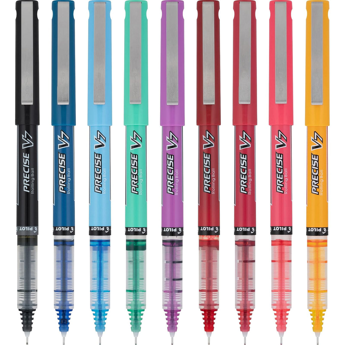 Pilot Precise V7 - Bolígrafos de tinta líquida con tapa, bolígrafos de tinta de punta fina de 0,7 mm, bolígrafos de colores, edición limitada, colores surtidos, paquete de 9, ideales para la escuela