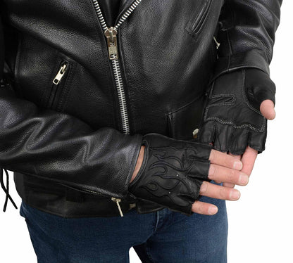 Milwaukee Leather SH198 - Guantes sin Dedos Bordados con Llama Negra para Hombre con Palma de Gel (Mediano)